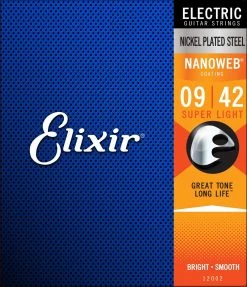 Elixir Nanoweb Nickel Plated Steel Super Light Electric Guitar Strings 09-42