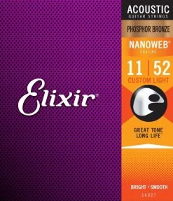 Elixir Nanoweb Phosphor Bronze Custom Light Acoustic Guitar Strings 11-52 Accessories